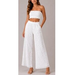 Hellomolly Women's White Wide Leg‎ Bayside Daydreaming Embroidered Pants Size L